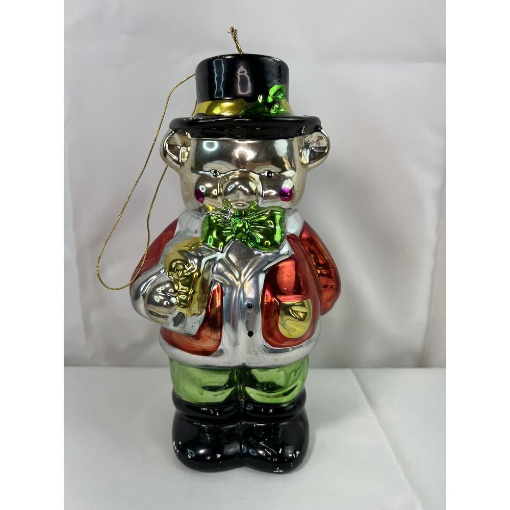 Extra Large 9" Top Hat Teddy Bear Suit and Tie Mercury Glass Christmas Ornament‎